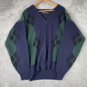 EMG Collection Sweater Mens XL Blue Argyle V Neck Wool Blend Vintage 90s Knit
